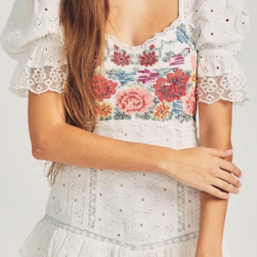 🔥 LoveShackFancy Thressy cream eyelet and lace embroidered Mini Dress $495 MSRP